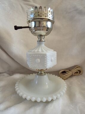 Vintage 1950s Milk Glass Lamp Base, Beaded Hobnail Catchall Dish & Sunburst Body